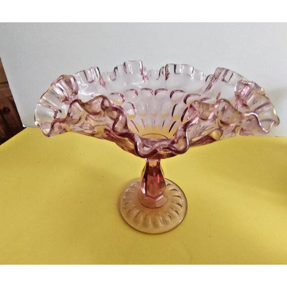 Fenton Peach Pink Glass Footed Bowl Double Ruffled Rim. 7" Tall 8" wide - Picture 15 of 15